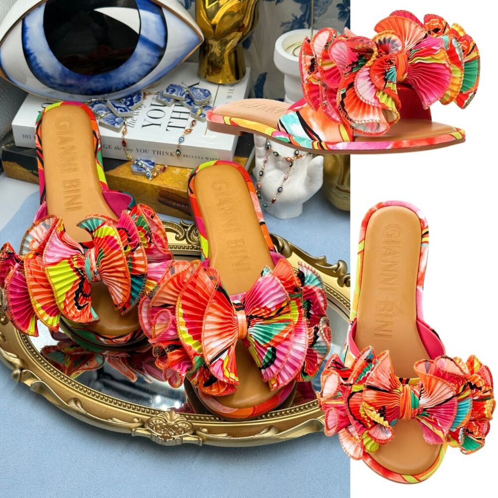 Gianni Bini Multicolor Ruffled Bow Slide Sandals - Pink, Orange, Yellow, Green
